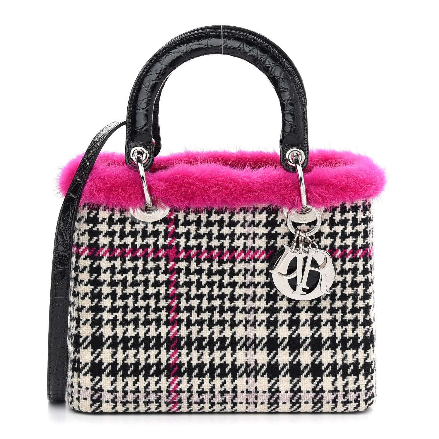 Christian Dior Tweed Crocodile Mink Plaid Medium Lady Dior Black Pink White 1 of 10