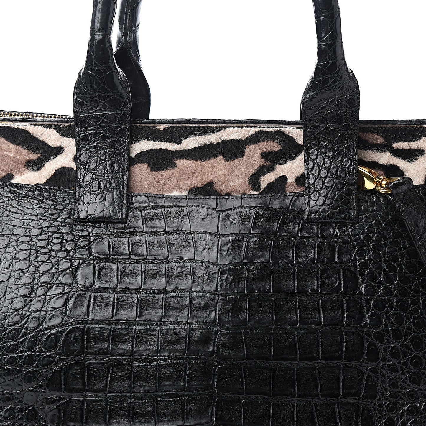 Crocodile Calf Hair Leopard Print Satchel Black
