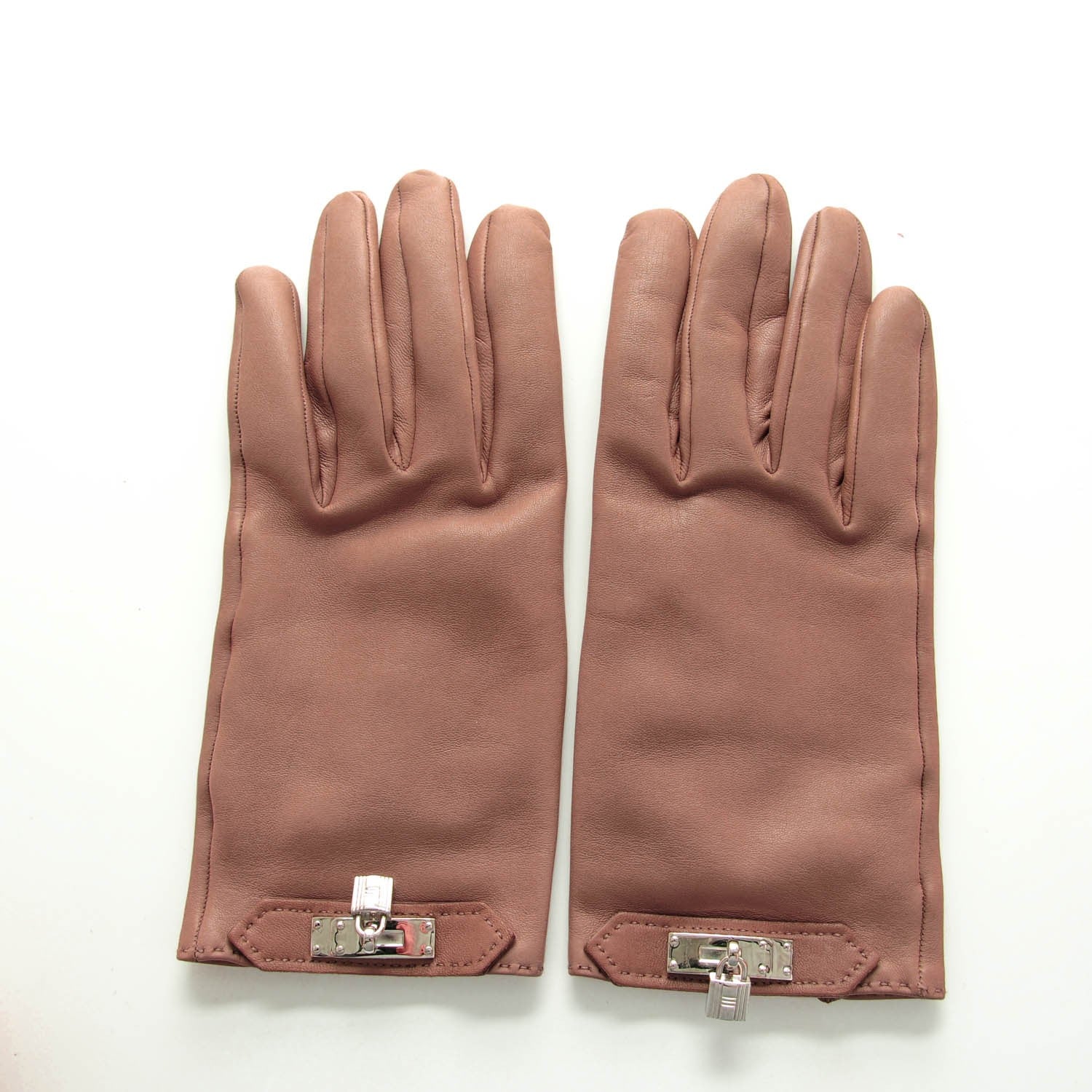 Hermes Lambskin Soya Kelly Lock Gloves 8 Etoupe 2 of 5