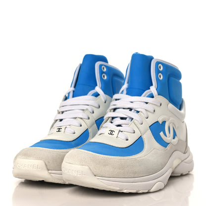 Chanel Suede Calfskin Lambskin High Top CC Sneakers 38 White Blue 3 of 7