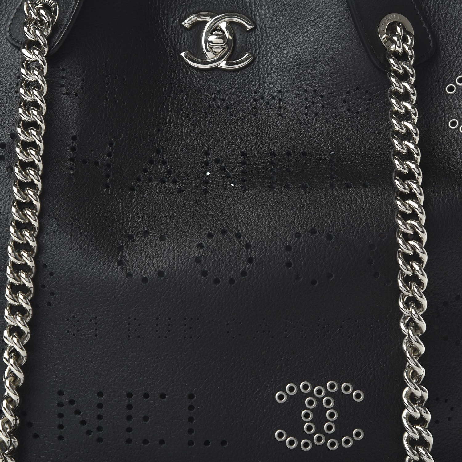 Chanel Calfskin Tweed Small Logo Eyelets Shopping Tote Black 12 of 12