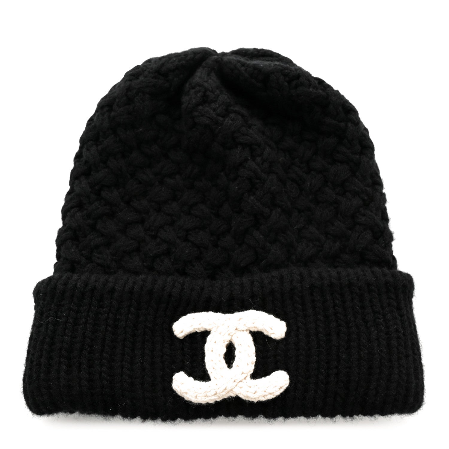 Chanel Wool Cashmere CC Beanie Hat Black White 1 of 6