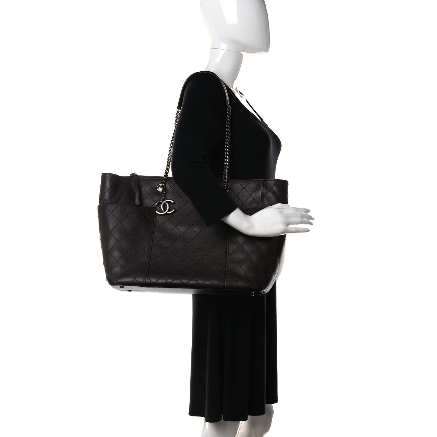 Calfskin Stitched CC Pocket Shopping Tote Dark Brown