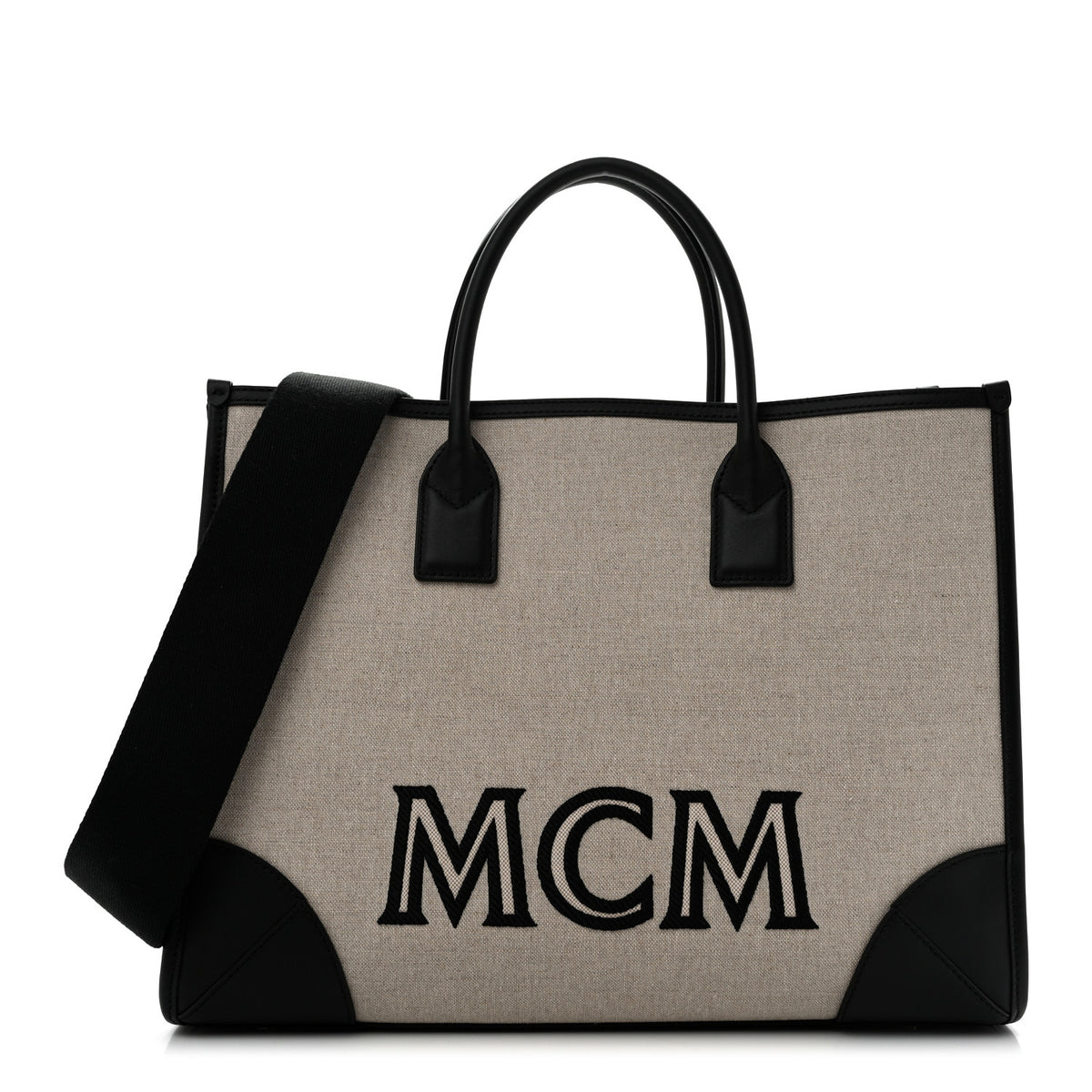 MCM Calfskin Linen Large Munchen Tote Black 1 of 12