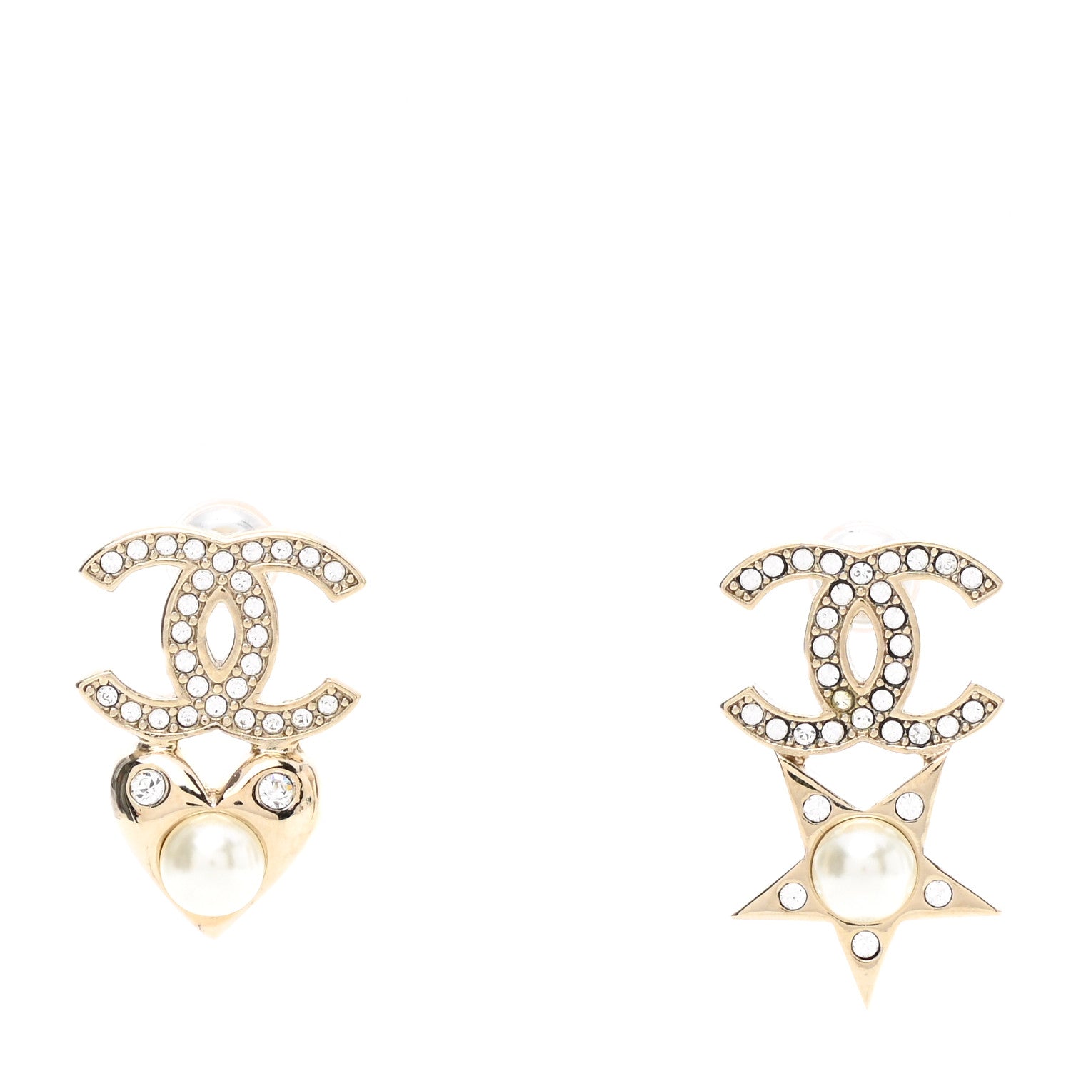 Chanel Crystal Pearl Charming Winter CC Star Heart Earrings Gold 1 of 5
