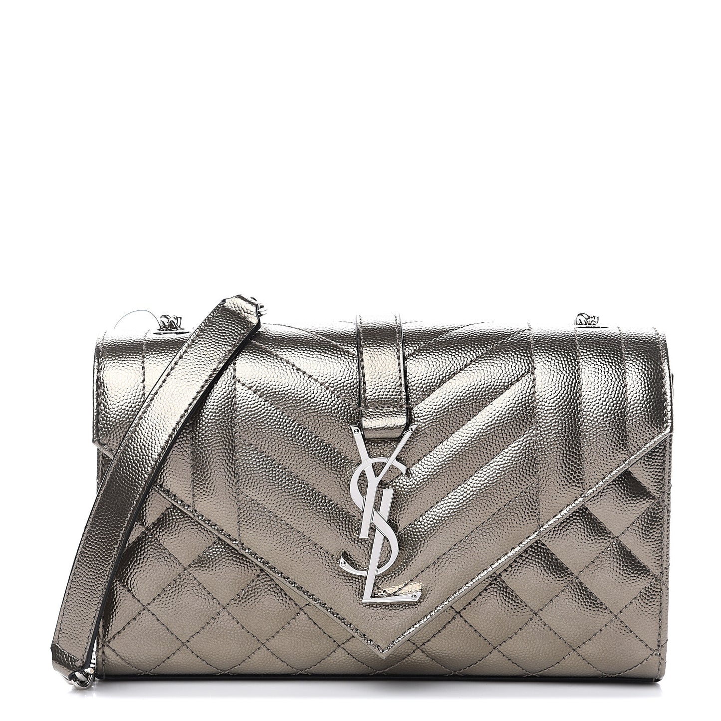 Metallic Grain De Poudre Textured Mixed Matelasse Triquilt Small Monogram Satchel Piombo