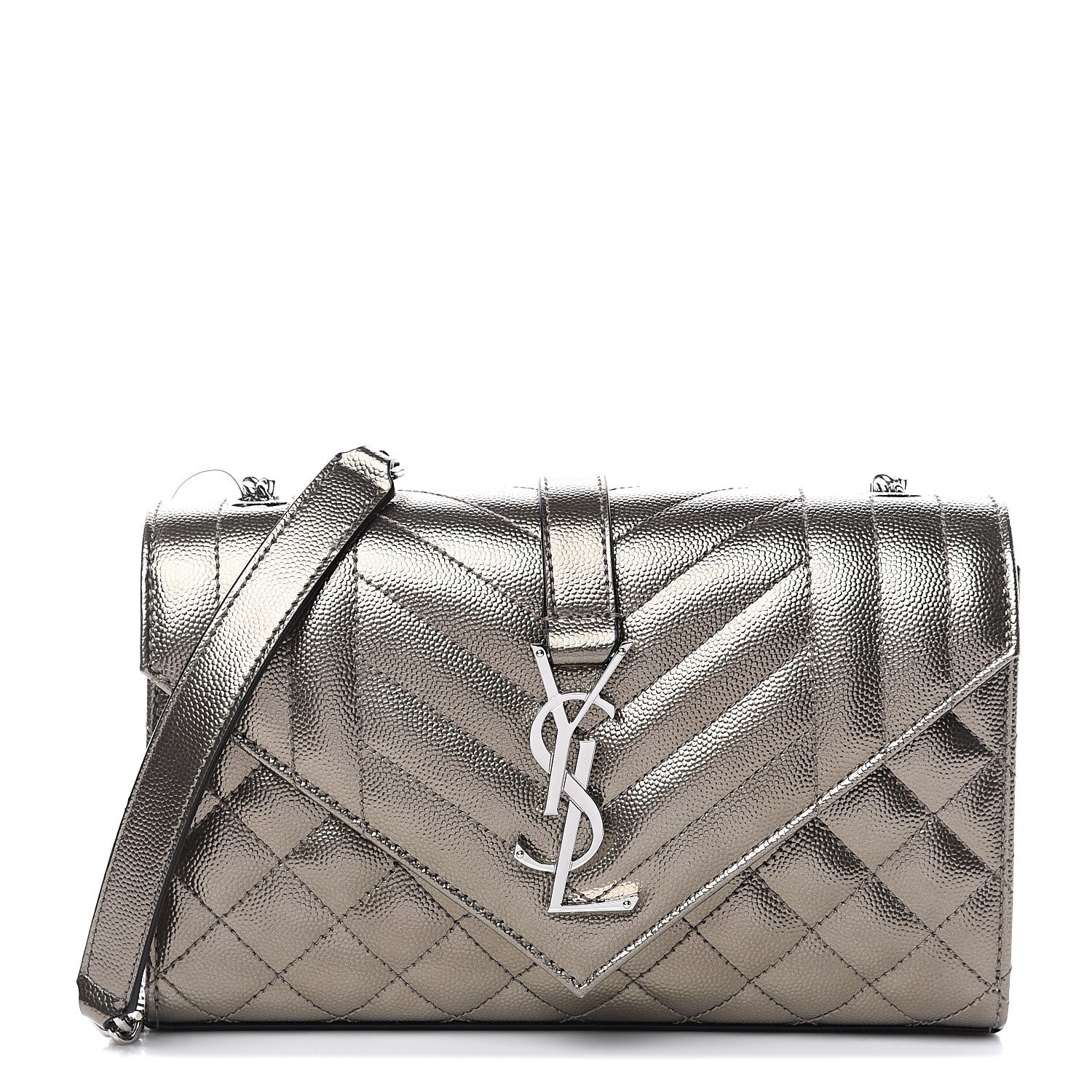 Saint Laurent Metallic Grain De Poudre Textured Mixed Matelasse Triquilt Small Monogram Satchel Piombo 1 of 7