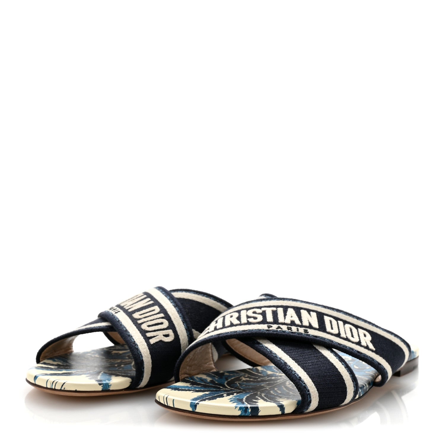 Christian Dior Canvas Palms Embroidered Dway Criss Cross Slide Sandals 38.5 Indigo Blue 4 of 10