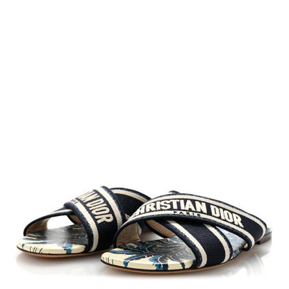 Christian Dior Canvas Palms Embroidered Dway Criss Cross Slide Sandals 38.5 Indigo Blue 4 of 10