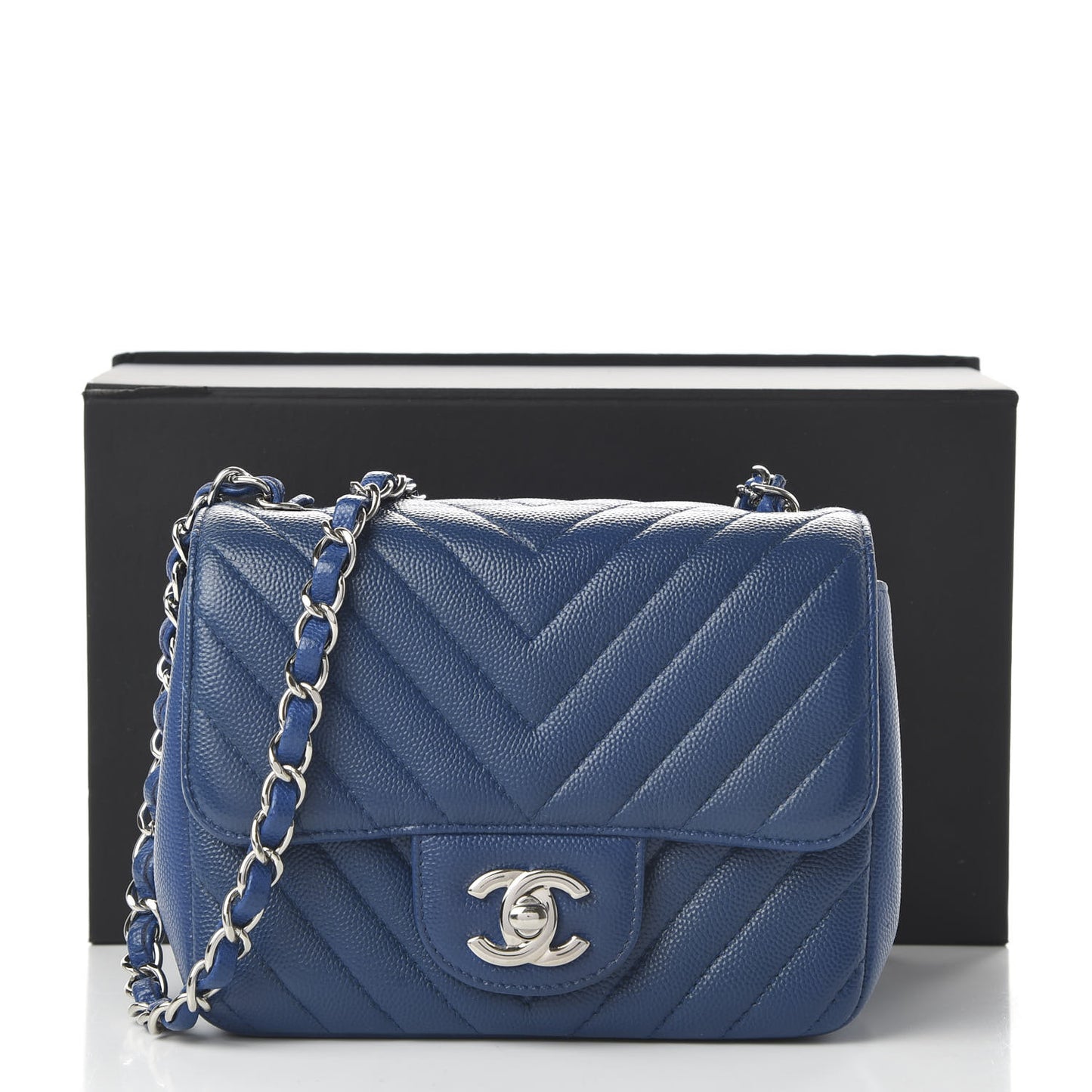 Caviar Chevron Quilted Mini Square Flap Dark Blue