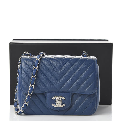 Chanel Caviar Chevron Quilted Mini Square Flap Dark Blue 14 of 14