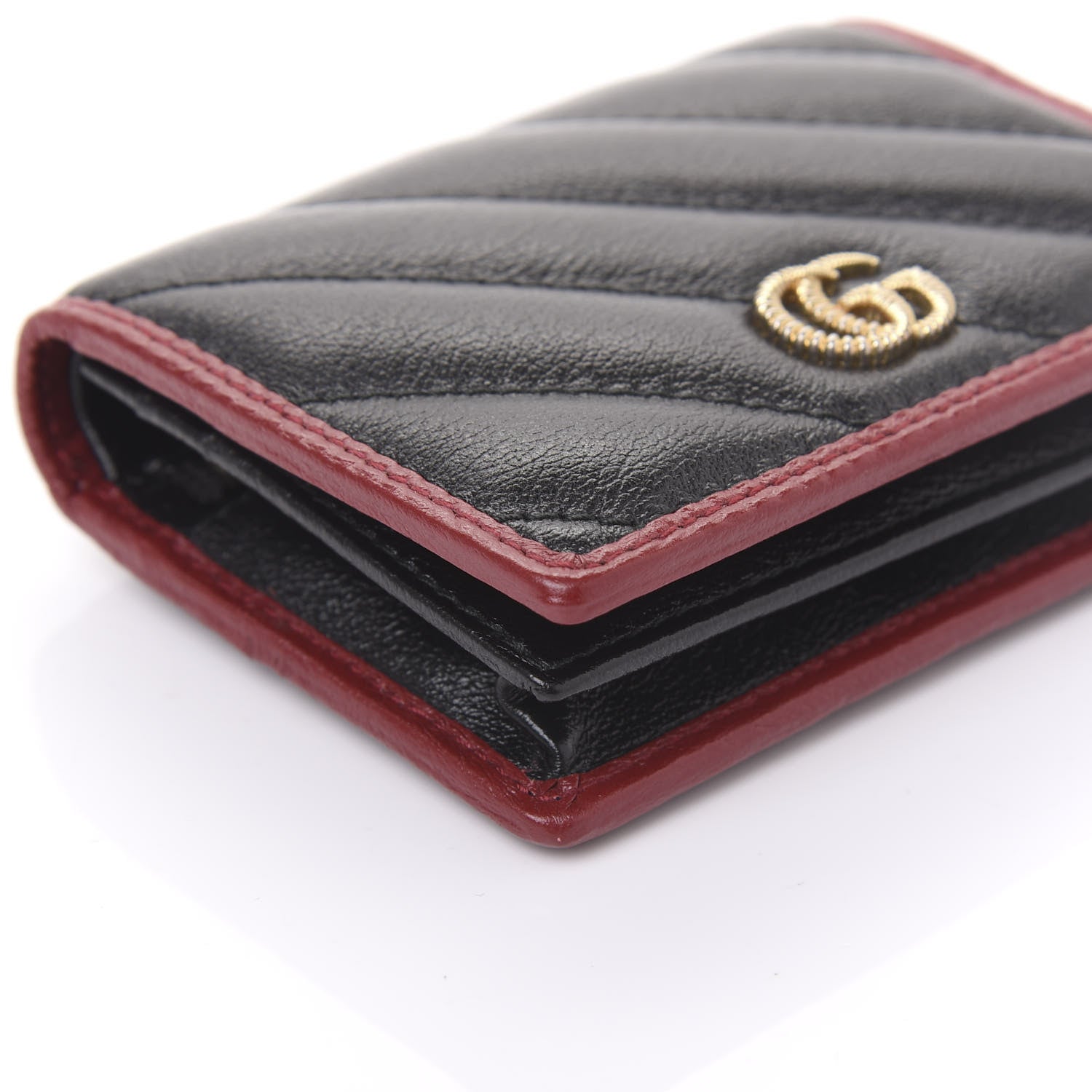 Gucci Vintage Effect Calfskin Matelasse Diagonal Torchon GG Marmont Card Case Wallet Black Romantic Cherry 6 of 10