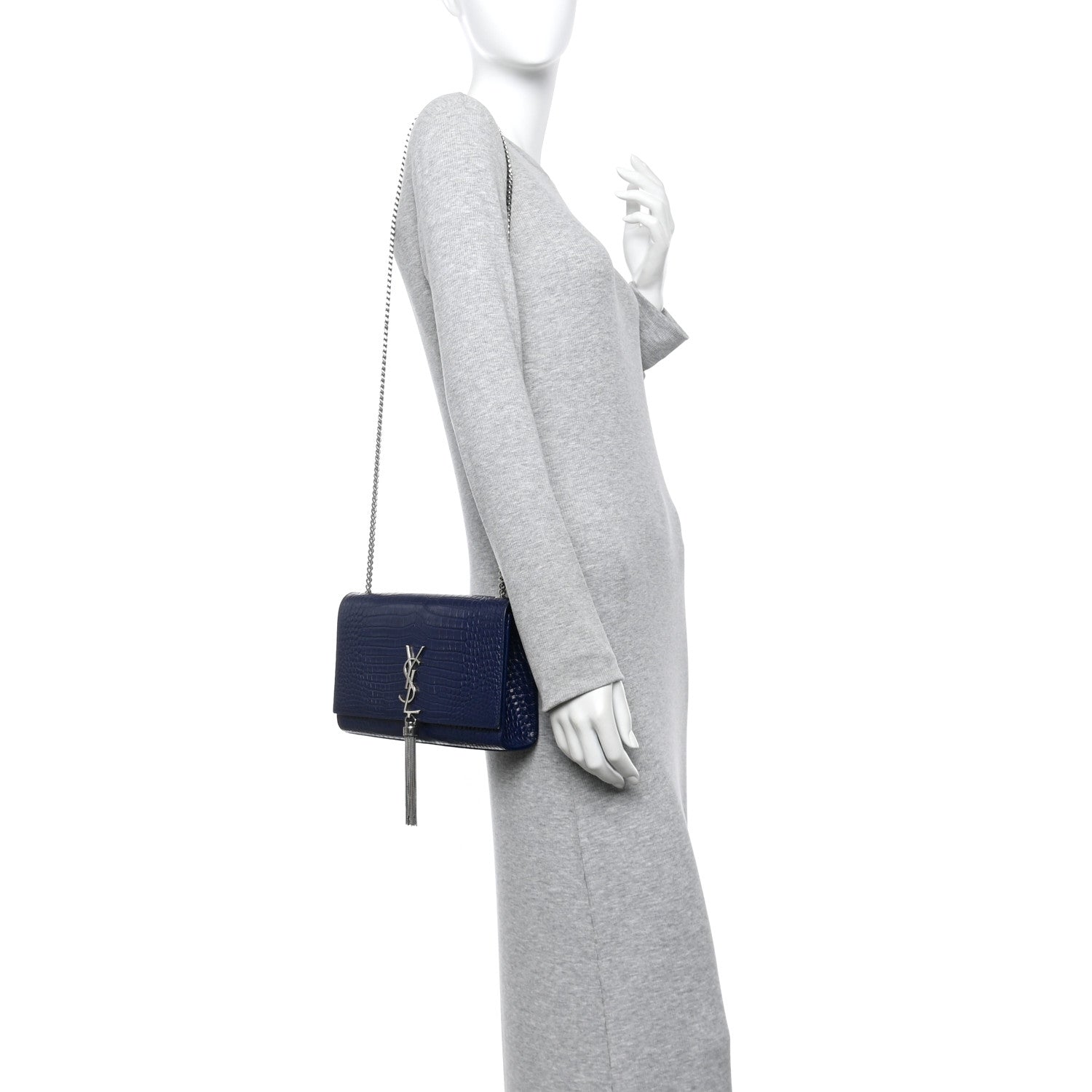 Saint Laurent Calfskin Crocodile Embossed Medium Classic Monogram Kate Tassel Satchel Deep Marine 2 of 9