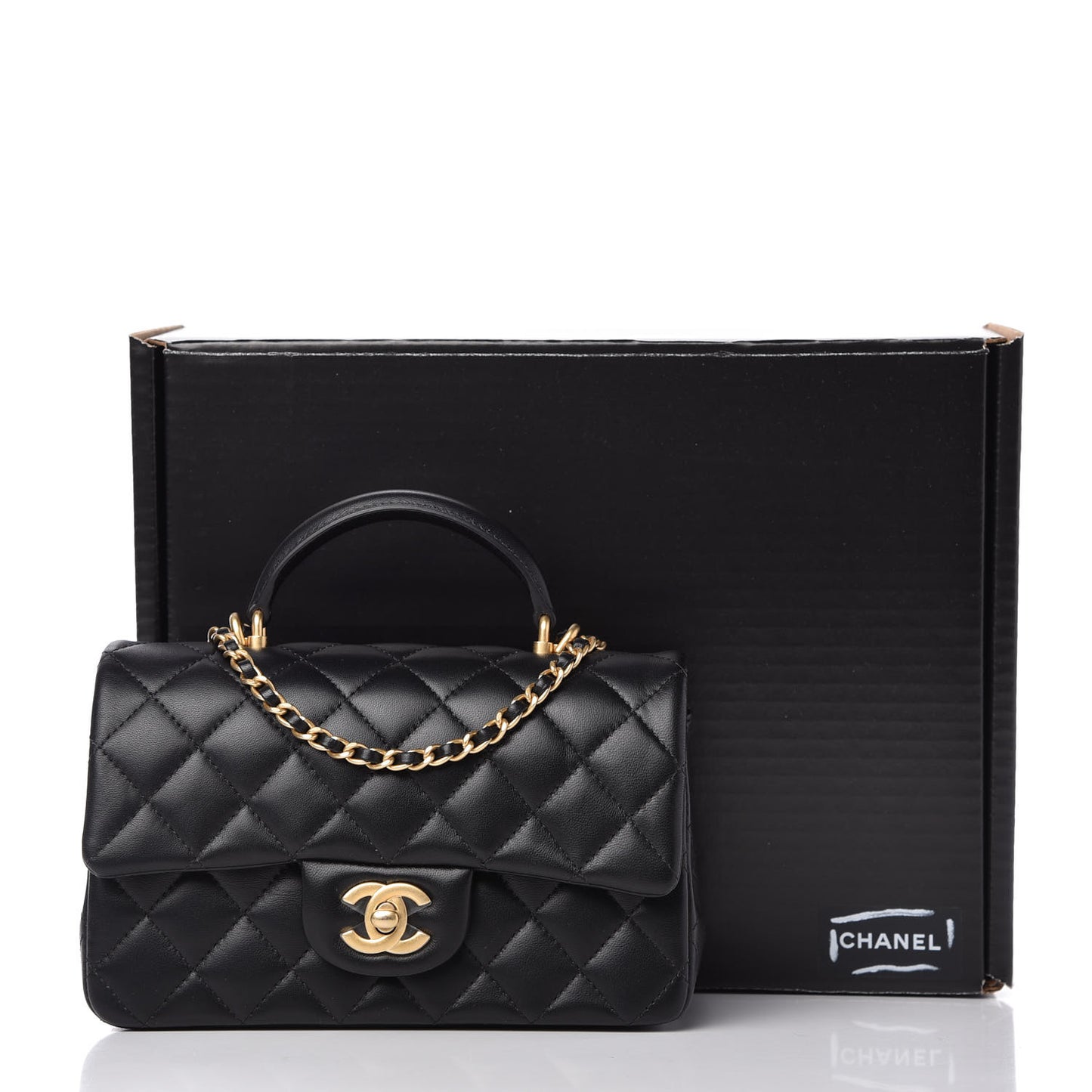 Lambskin Quilted Mini Top Handle Rectangular Flap Black