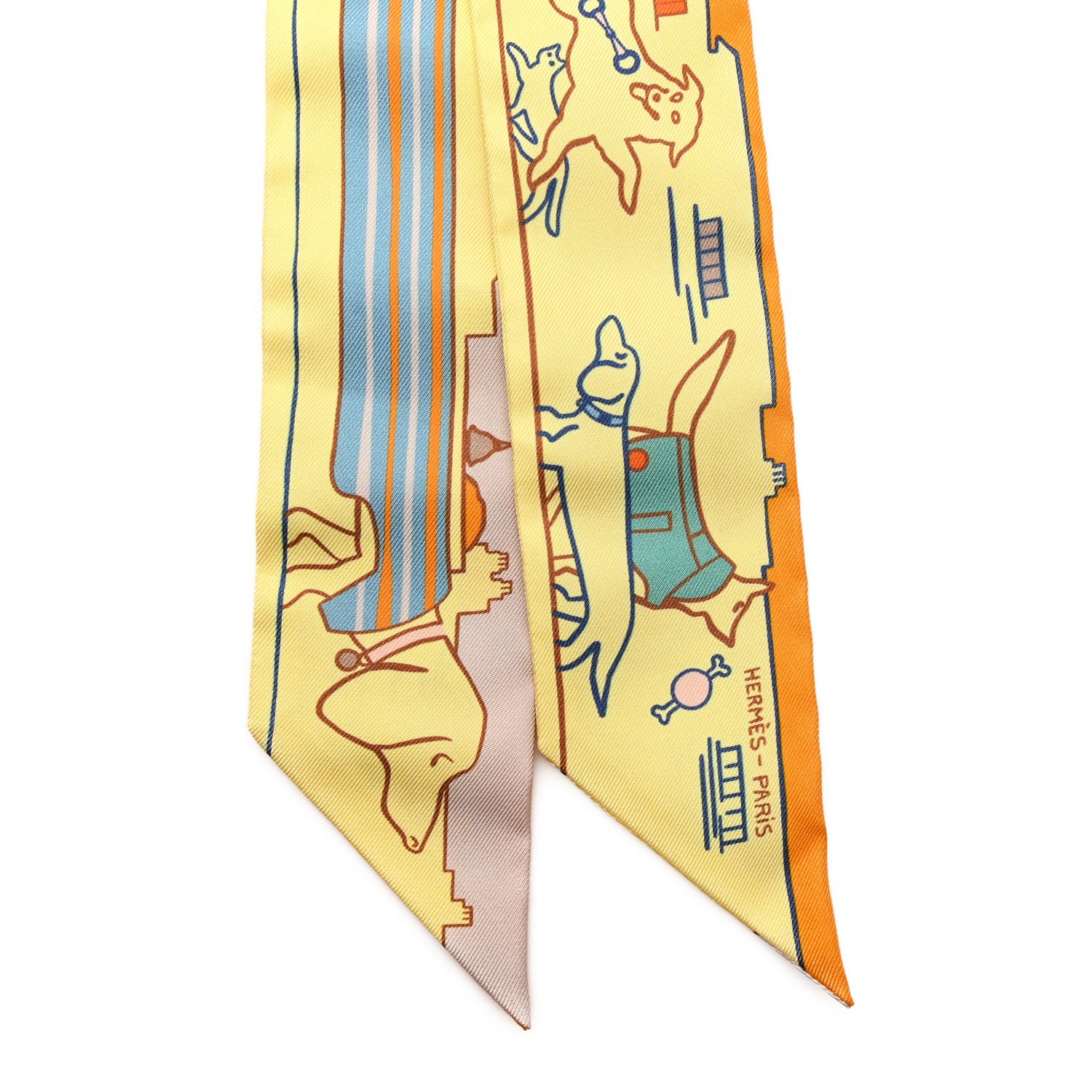 Hermes Silk Les Chiens Parisiens Twilly Jaune Orange Vert 2 of 3