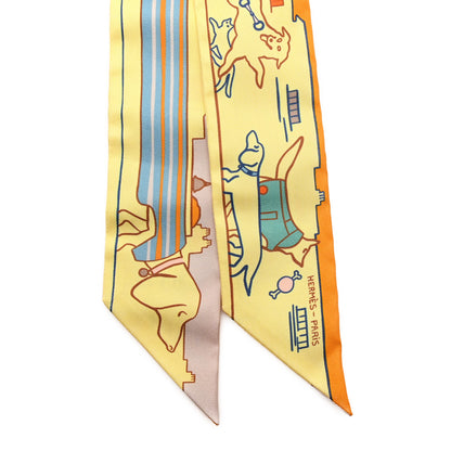 Hermes Silk Les Chiens Parisiens Twilly Jaune Orange Vert 2 of 3