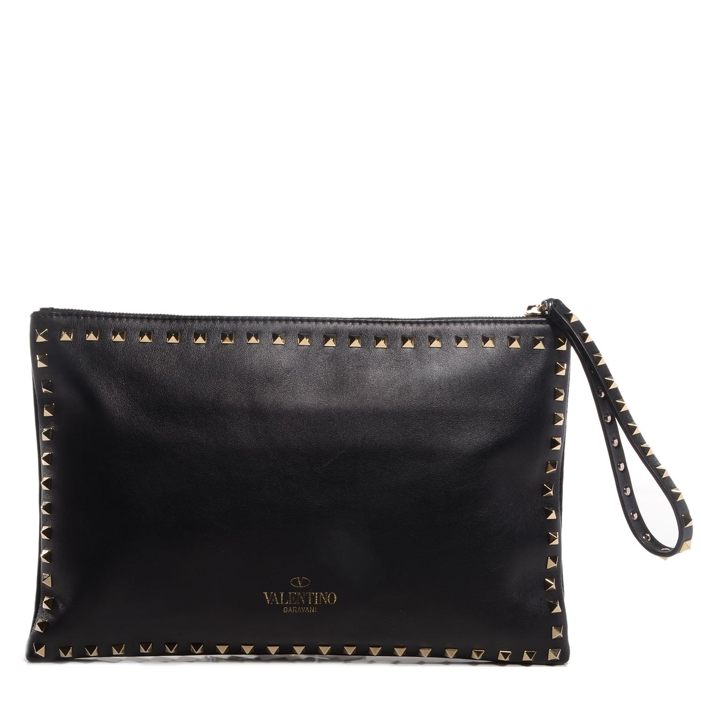 Vitello Large Rockstud Zip Wristlet Pouch Black