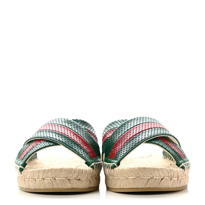 Gucci Malaga Kid Perforated Criss Cross Espadrille Slide Sandals 37.5 Emerald Hibiscus Red 2 of 8