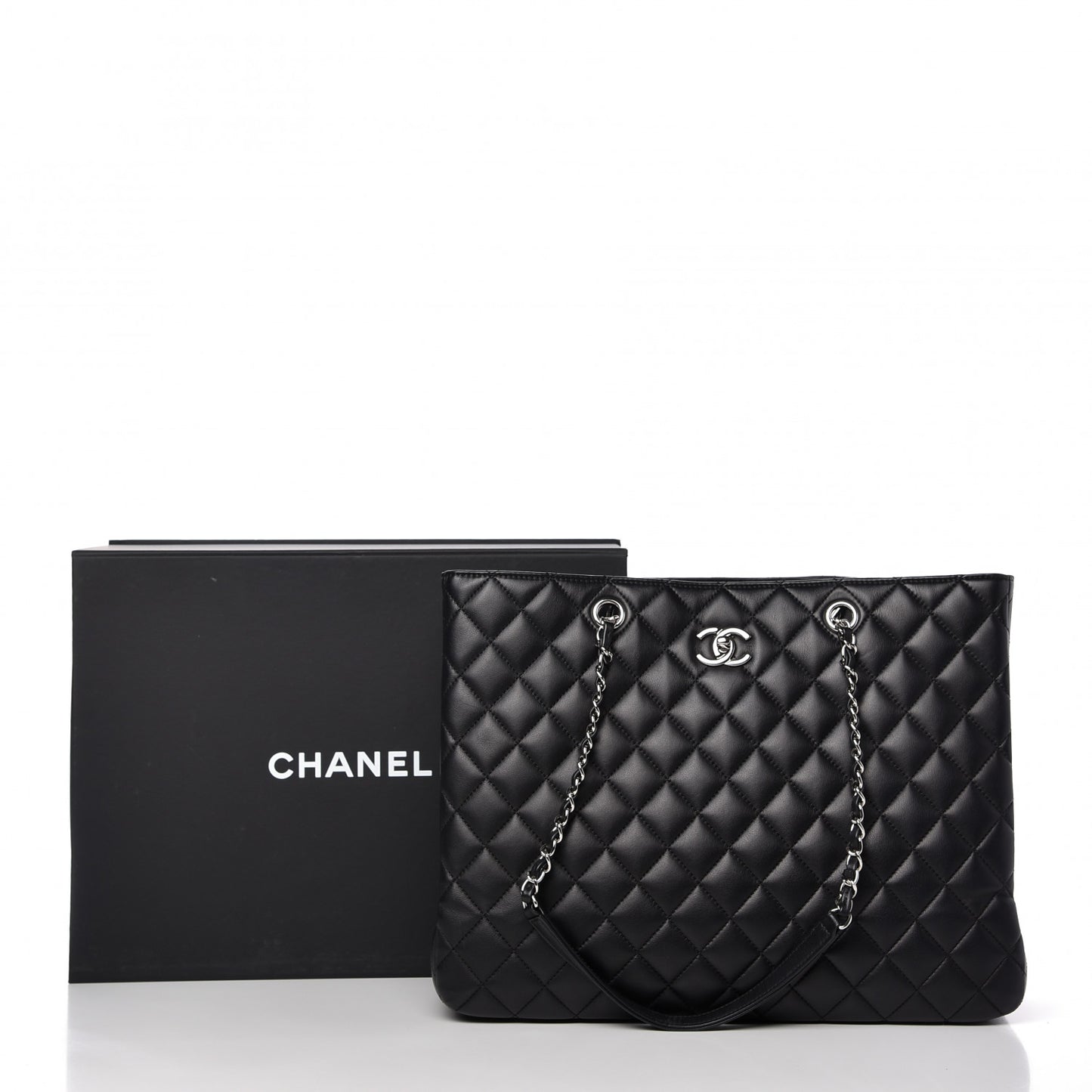 Calfskin Quilted Large CC Shopping Tote Black