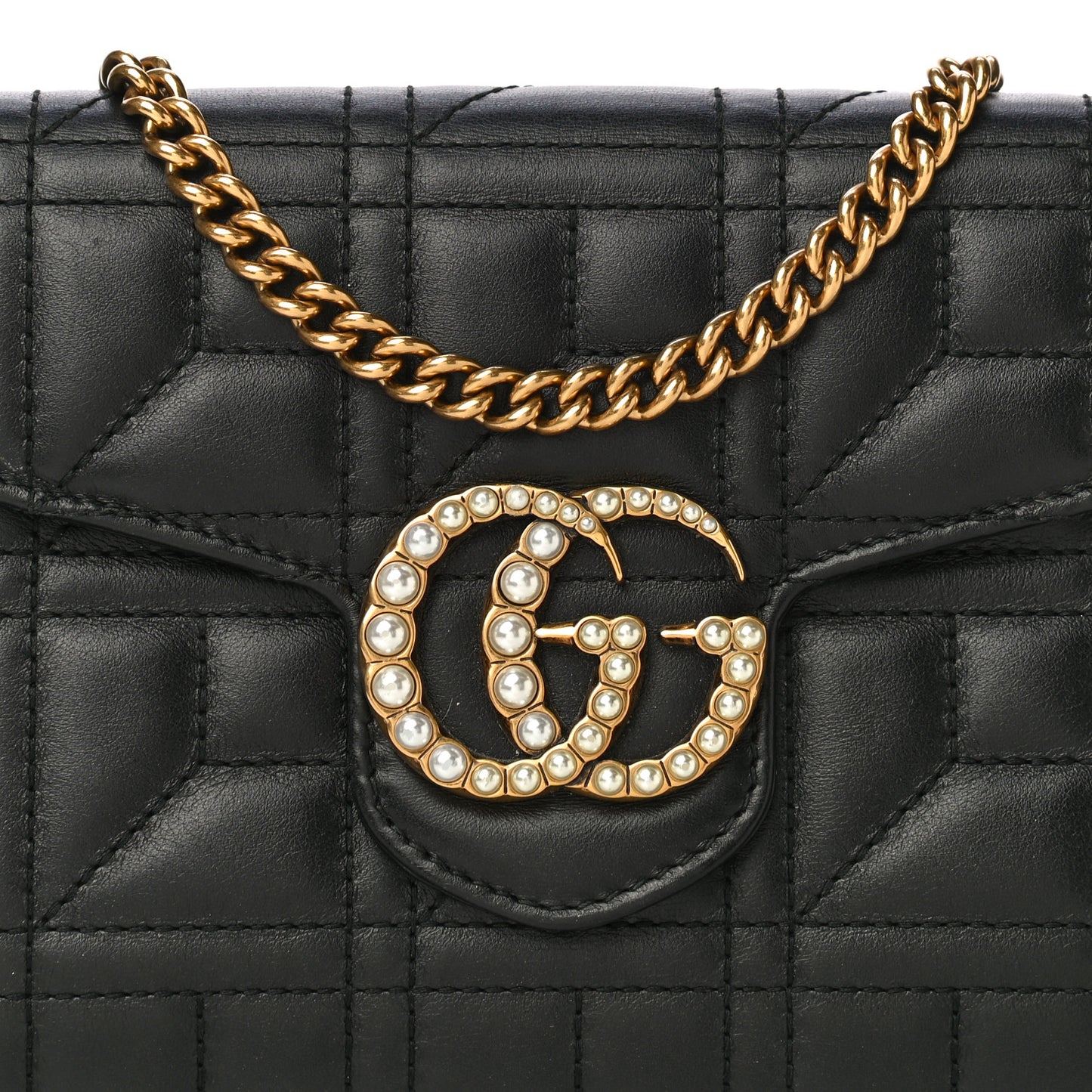 Calfskin Matelasse Mini Pearly GG Marmont Chain Wallet Black