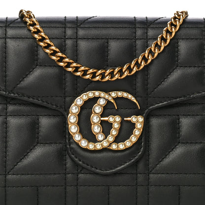 Gucci Calfskin Matelasse Mini Pearly GG Marmont Chain Wallet Black 8 of 13