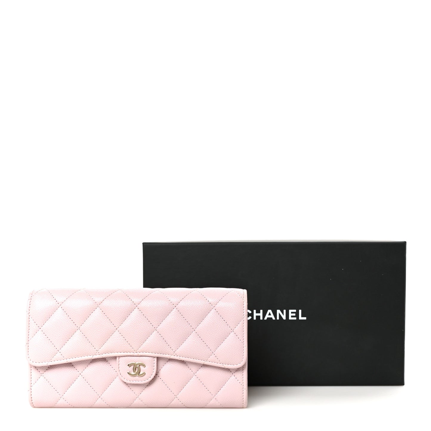 Caviar Quilted Large Gusset Flap Wallet Light Pink