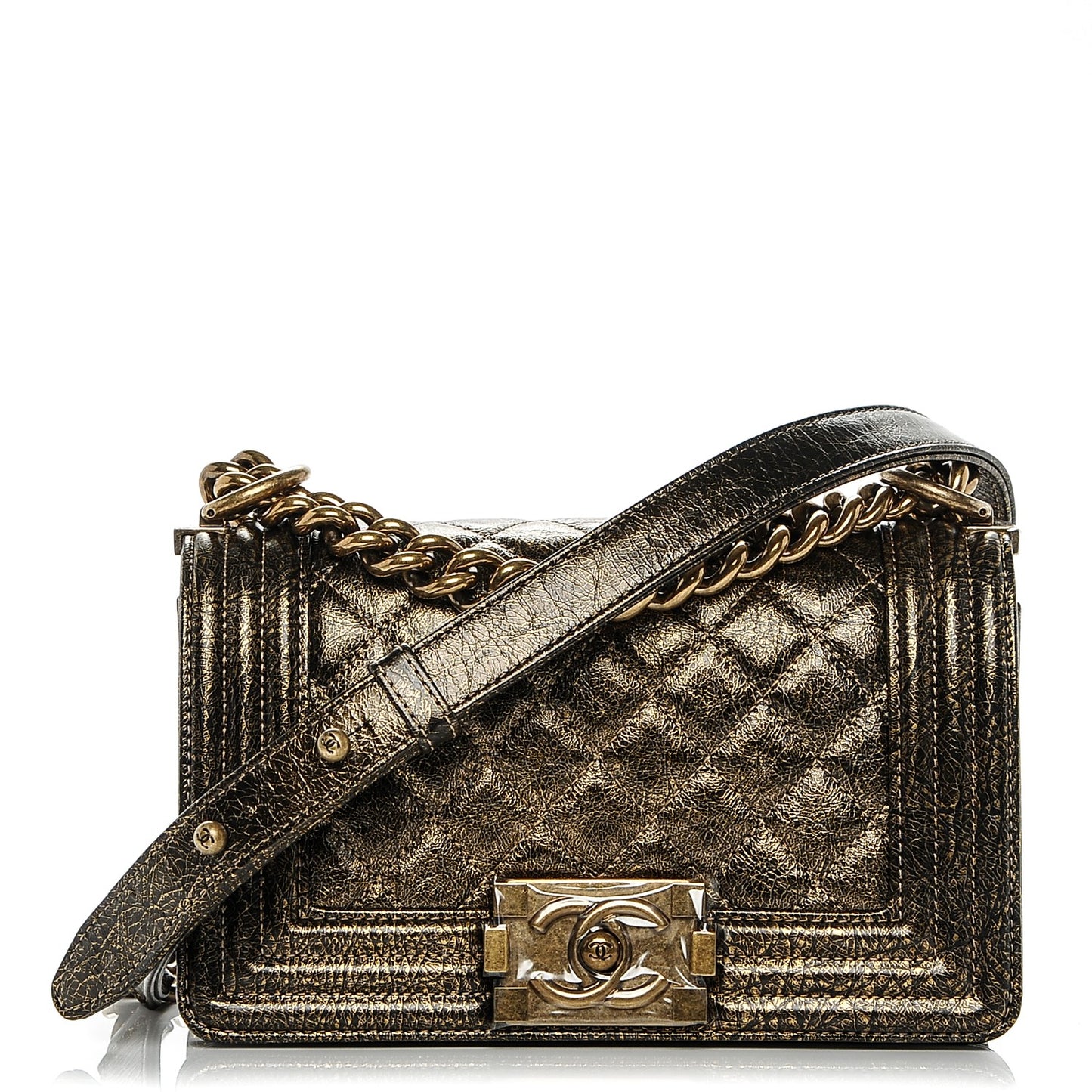 Metallic Calfskin Quilted Small Boy Flap Gold