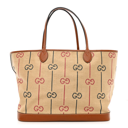 Gucci Straw Jacquard Dollar Calfskin GG Monogram Large Shopping Tote Natural Multicolor 1 of 13