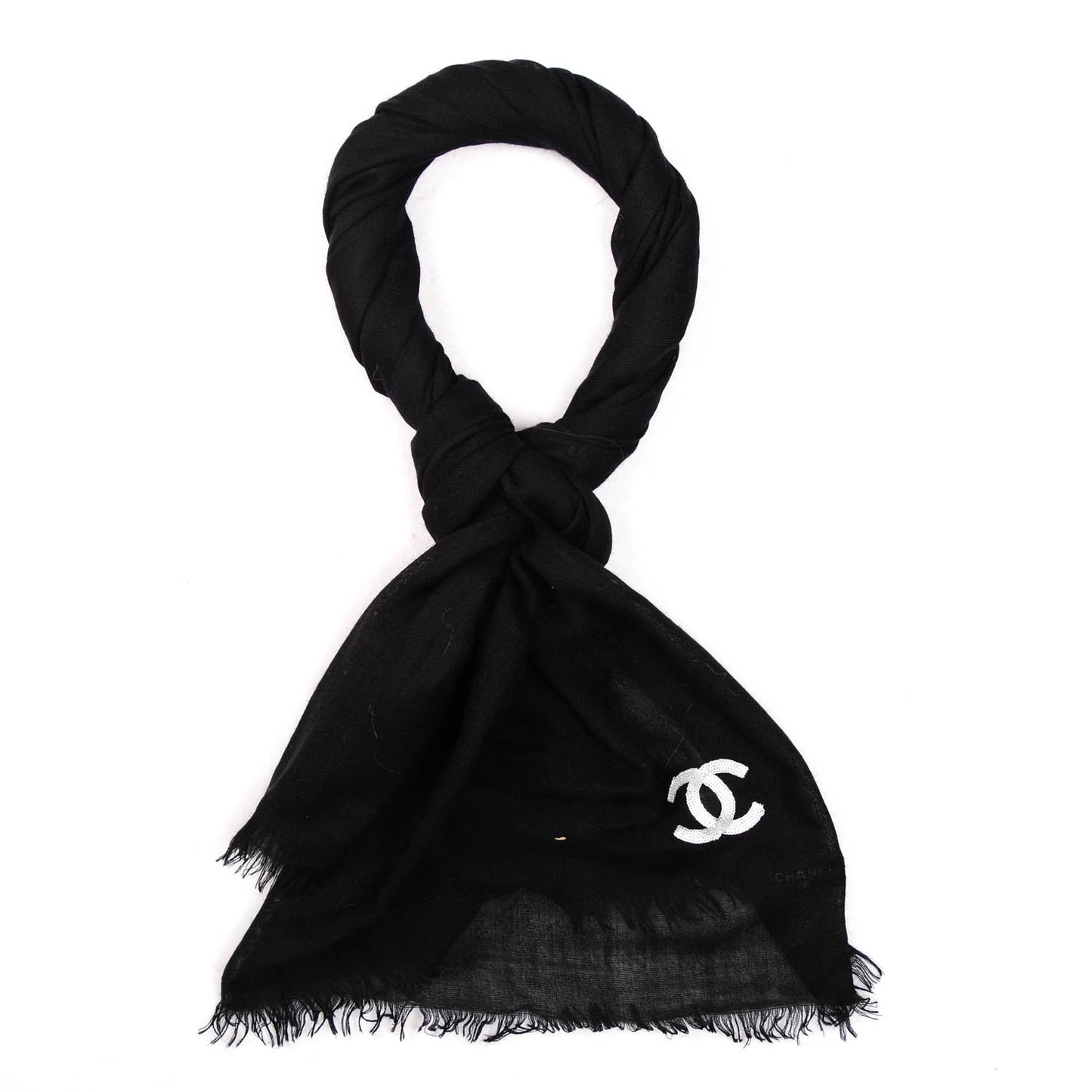 Cashmere Silk Wool Sequins CC Stole Black Silver