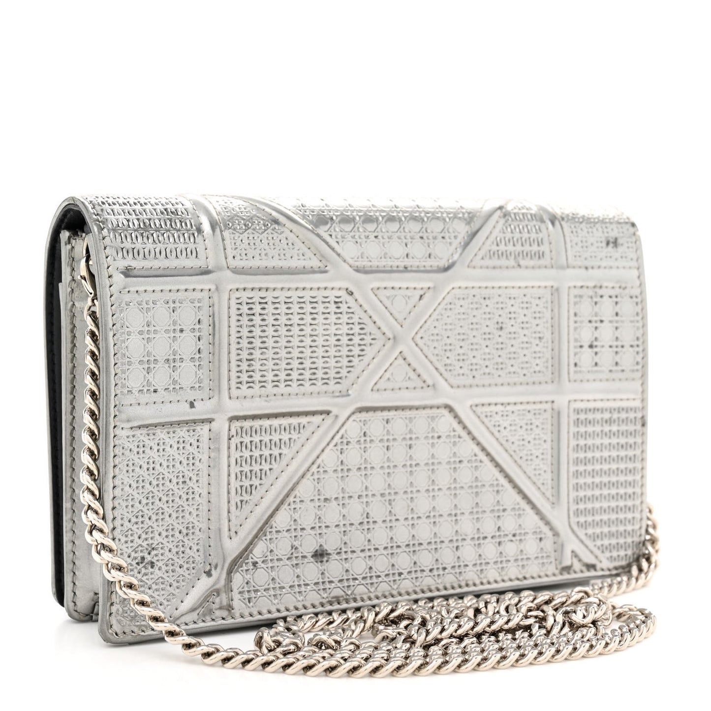Metallic Patent Micro-Cannage Diorama Wallet on Chain Pouch Silver