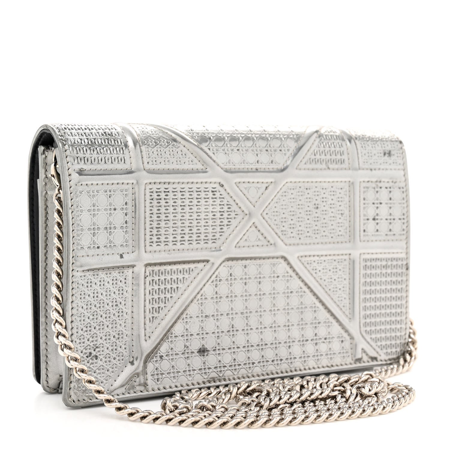 Christian Dior Metallic Patent Micro-Cannage Diorama Wallet on Chain Pouch Silver 3 of 14