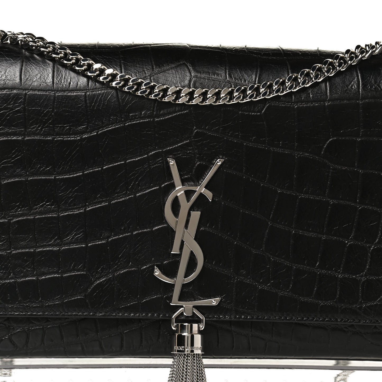 Calfskin Crocodile Embossed Medium Classic Monogram Kate Tassel Satchel Black