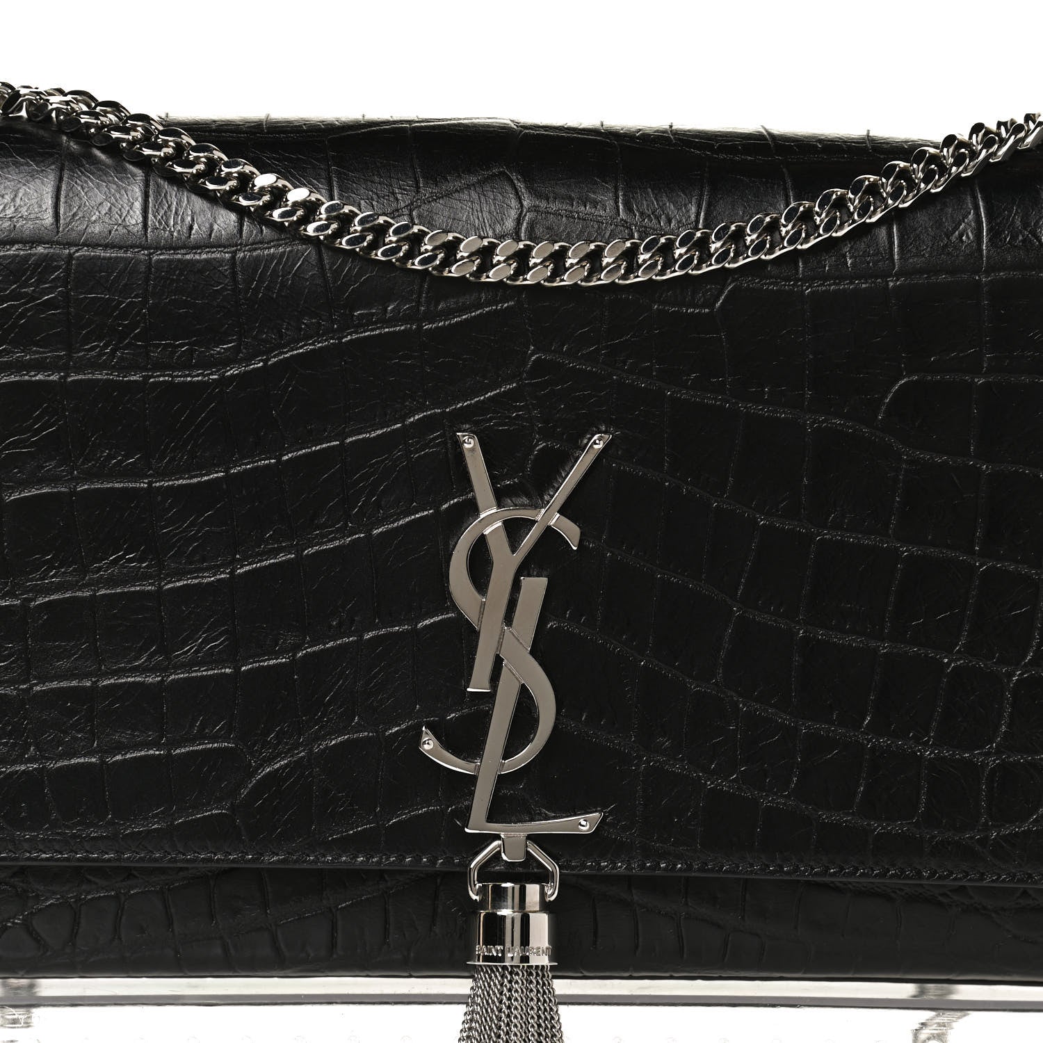 Saint Laurent Calfskin Crocodile Embossed Medium Classic Monogram Kate Tassel Satchel Black 7 of 12