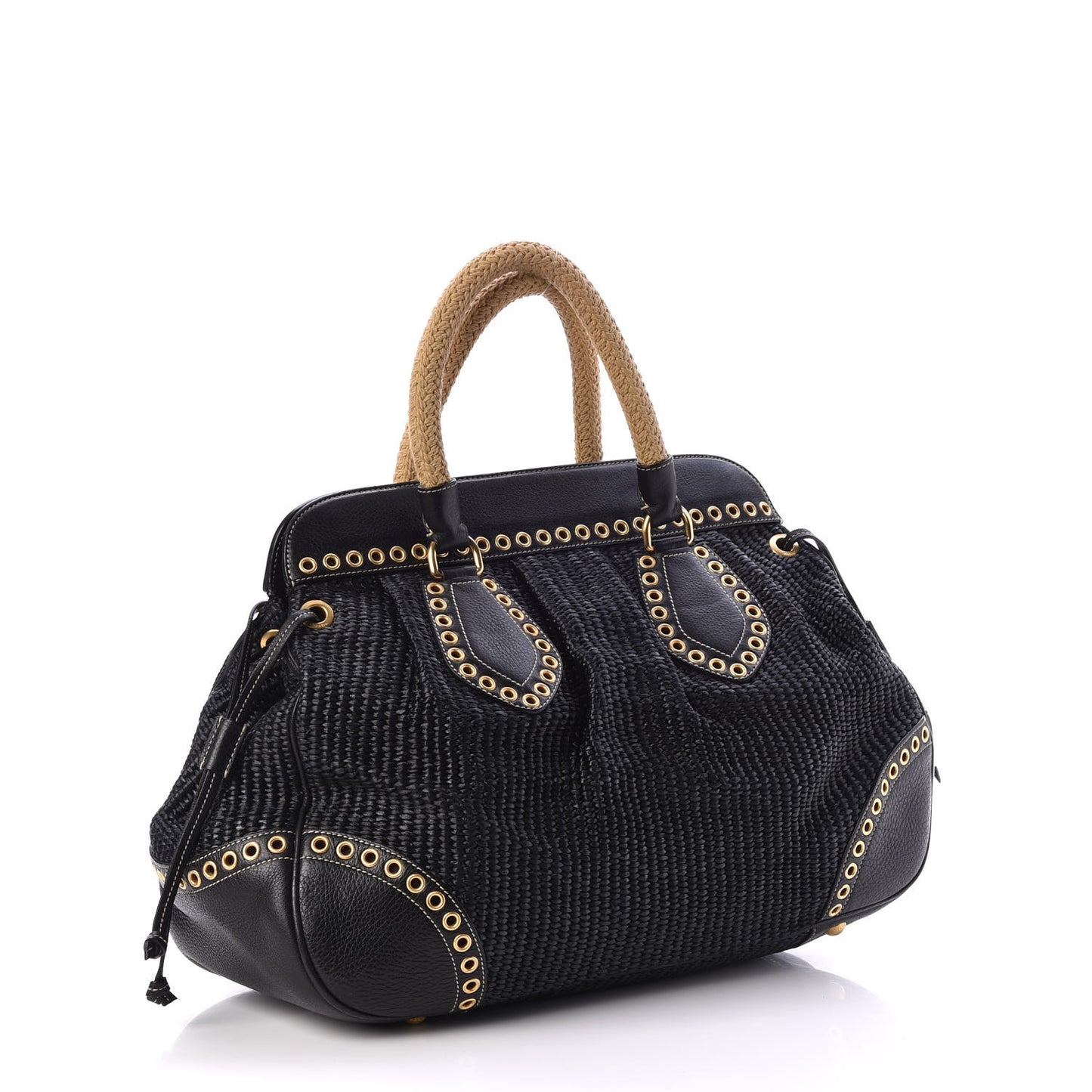 Straw Vitello Daino Shopping Tote Black