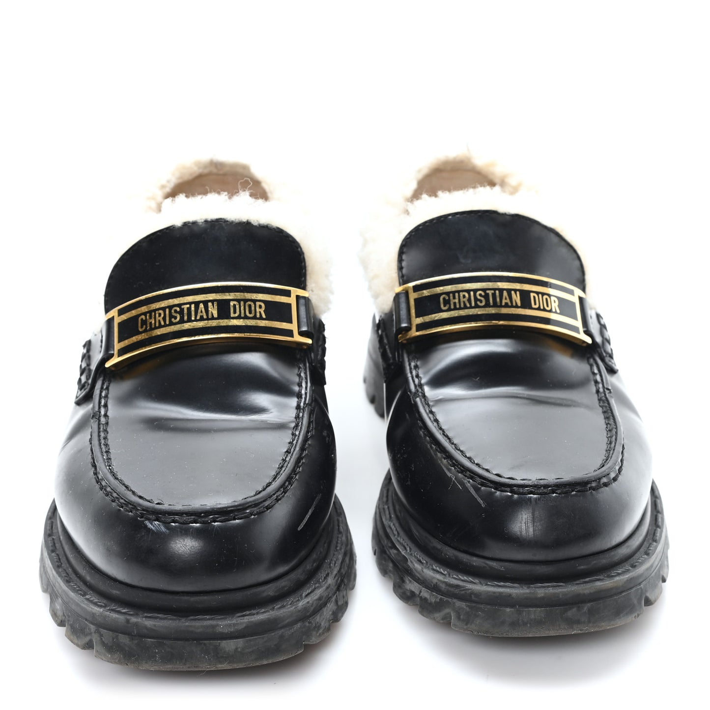 Brushed Calfskin Shearling Dior Code Lug Sole 15mm Loafers 35.5 Black Natural
