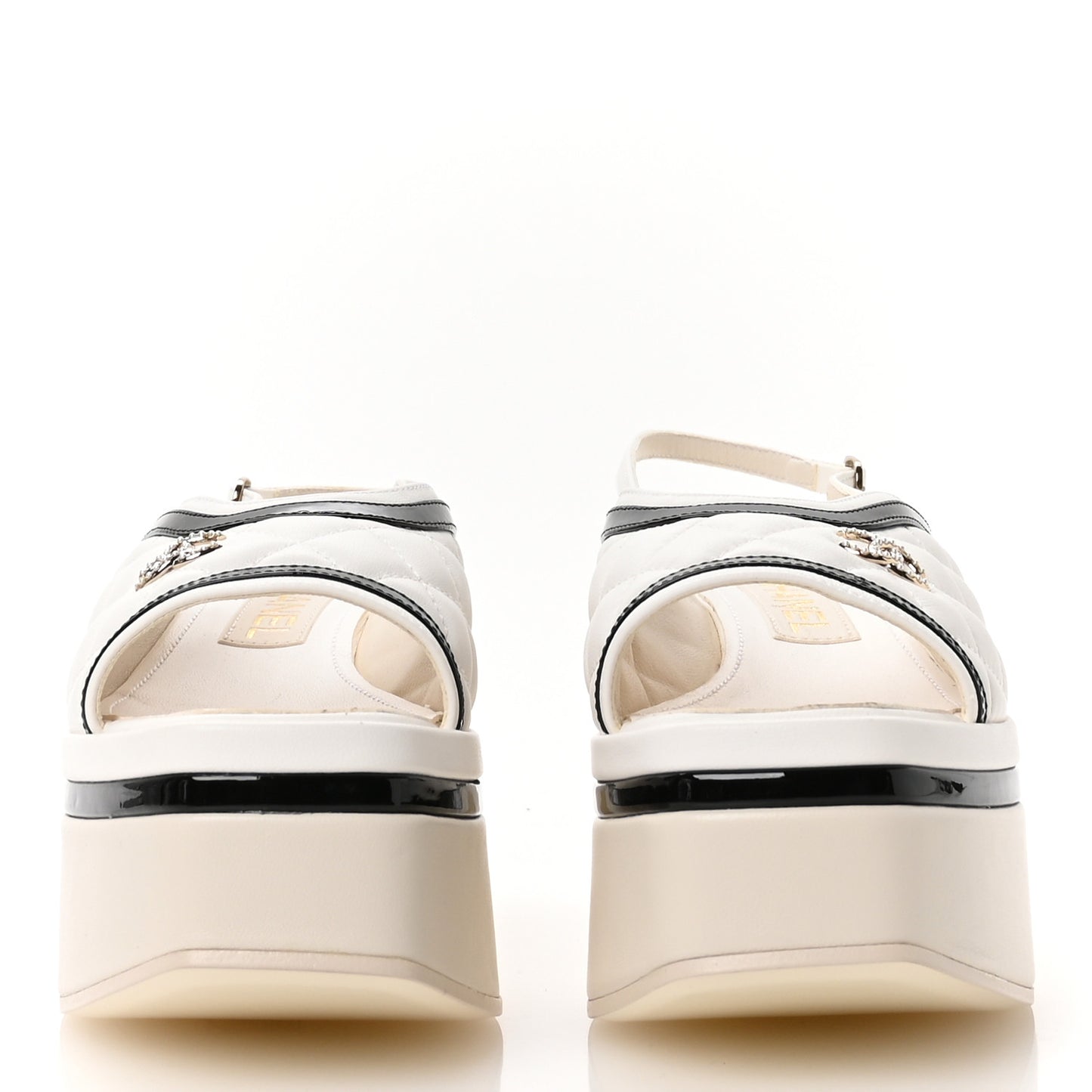 Lambskin Patent Quilted CC Platform Sandals 36 White Black