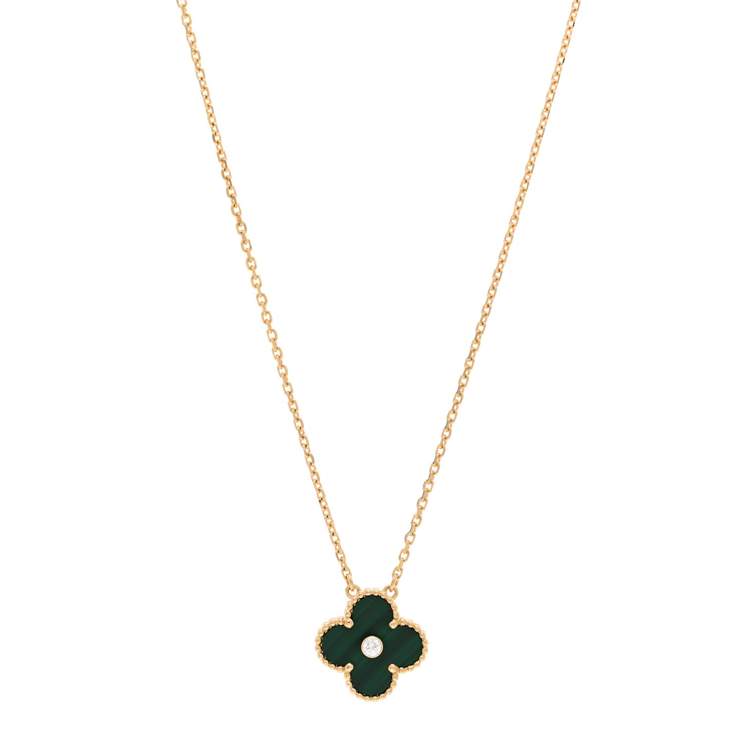 18K Yellow Gold Diamond Malachite Vintage Alhambra Pendant Necklace
