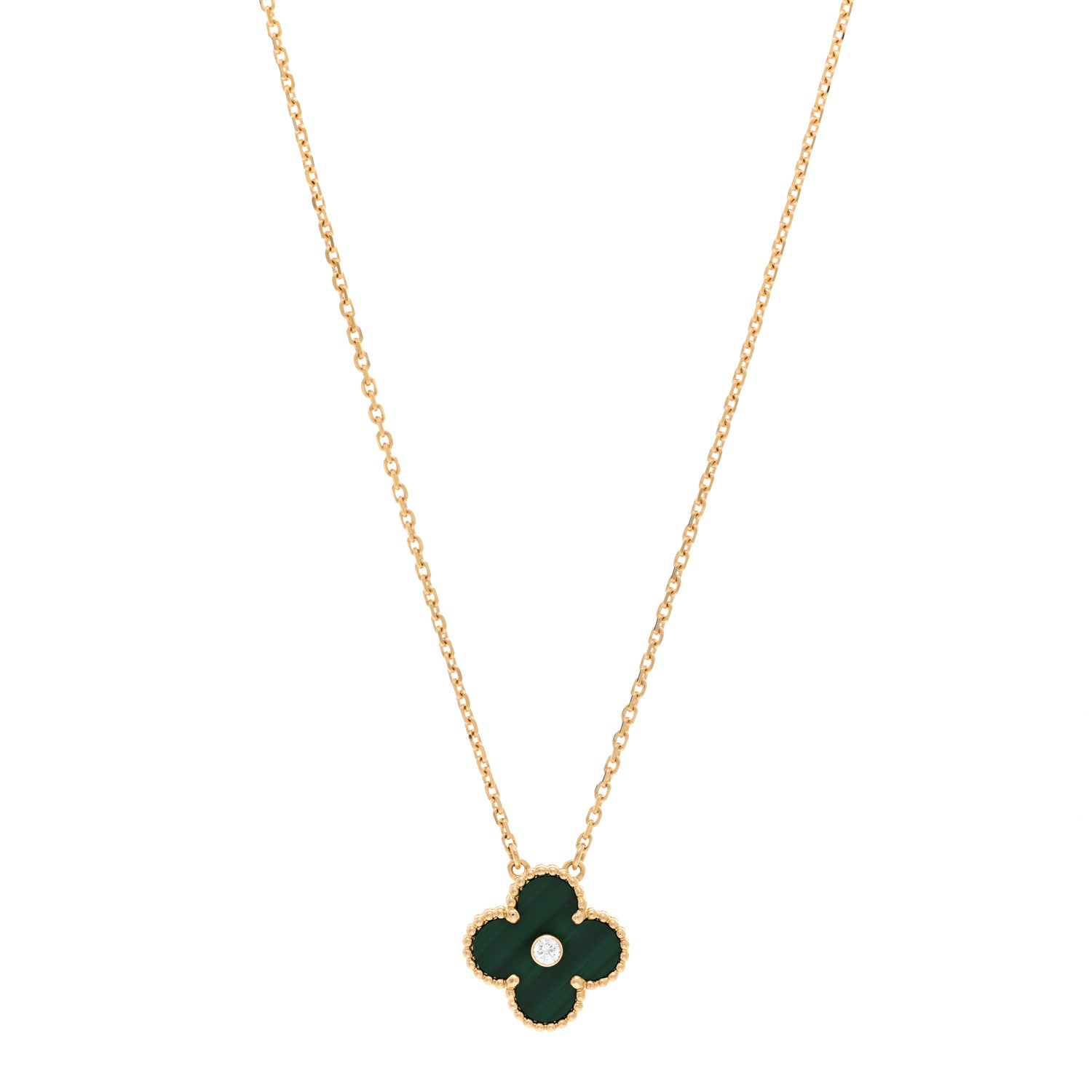 Van Cleef & Arpels 18K Yellow Gold Diamond Malachite Vintage Alhambra Pendant Necklace 1 of 5