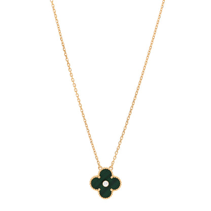 Van Cleef & Arpels 18K Yellow Gold Diamond Malachite Vintage Alhambra Pendant Necklace 1 of 5