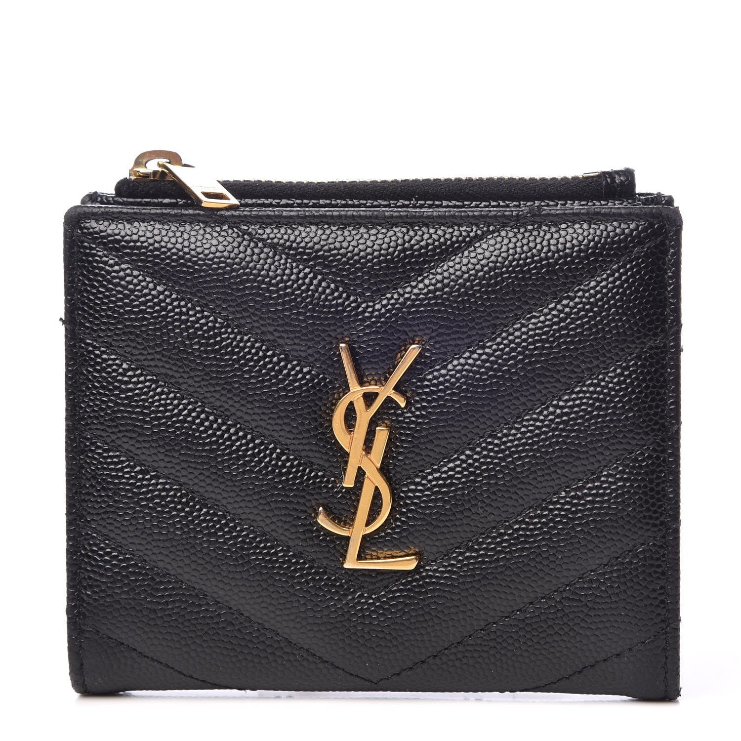 Saint Laurent Grain De Poudre Matelasse Chevron Monogram Zipped Card Case Black 1 of 9