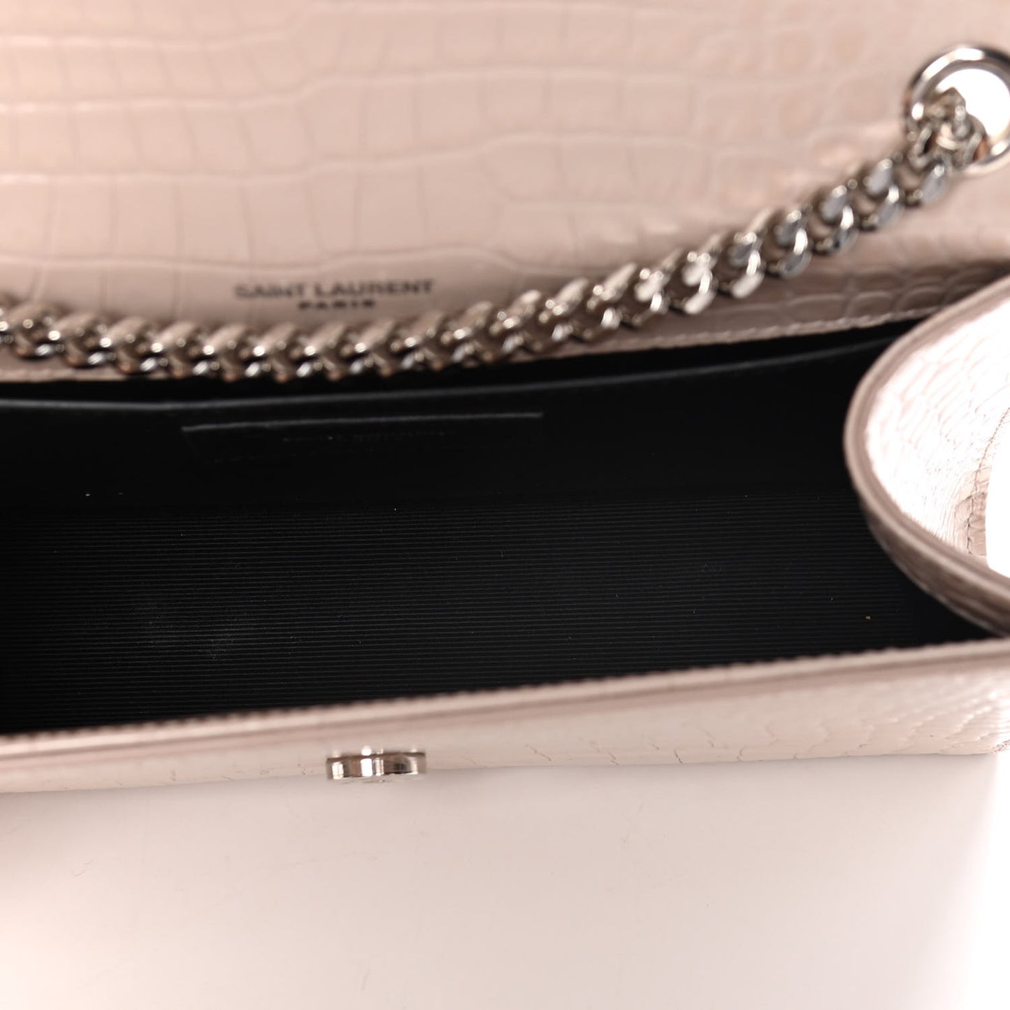 Calfskin Crocodile Embossed Small Classic Monogram Kate Tassel Satchel Light Pink