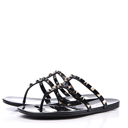 Valentino Garavani PVC Jelly Rockstud Caged Flat Thong Sandals 38 Black 3 of 8