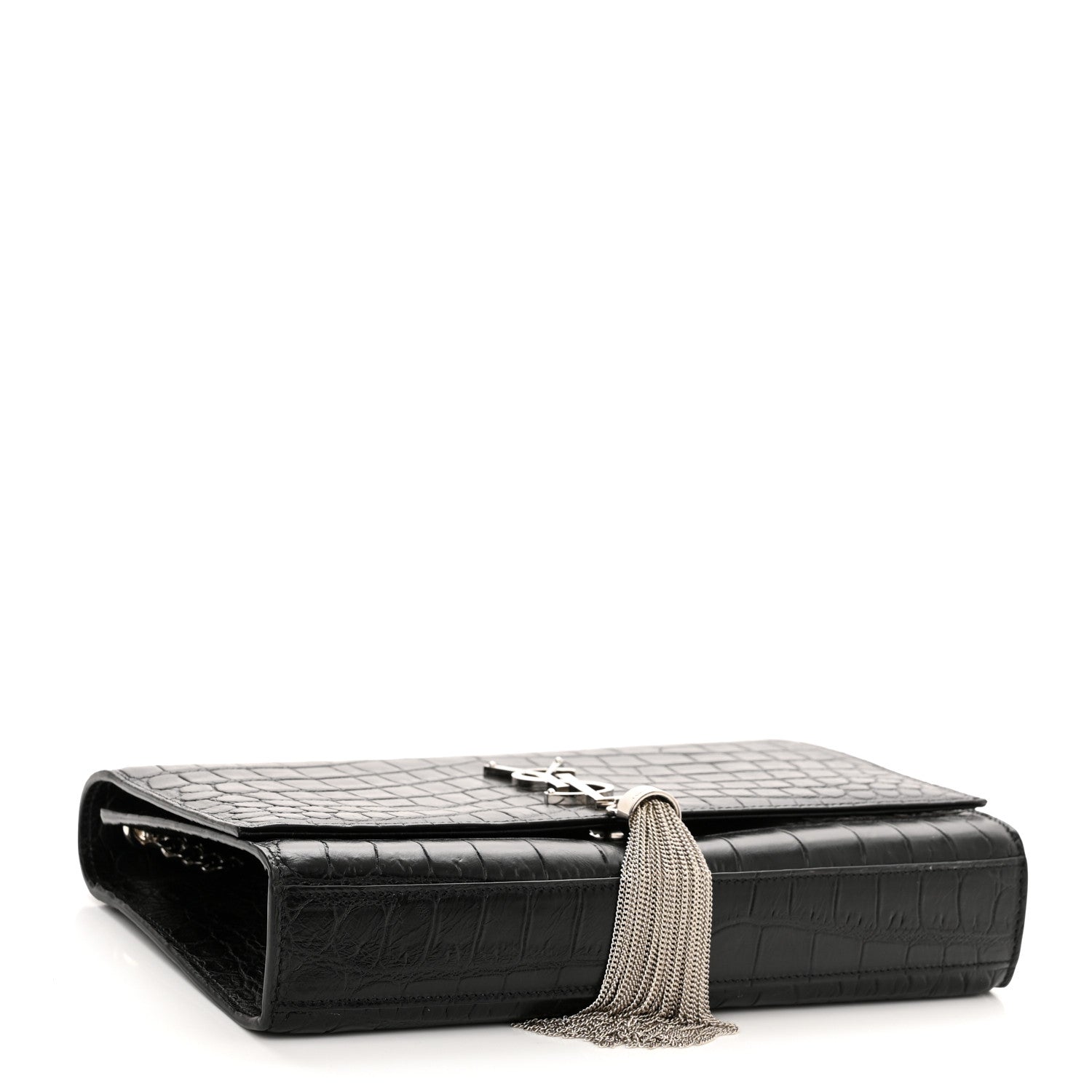 Saint Laurent Calfskin Crocodile Embossed Medium Classic Monogram Kate Tassel Satchel Black 4 of 10