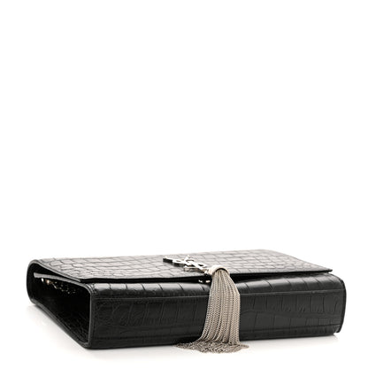 Saint Laurent Calfskin Crocodile Embossed Medium Classic Monogram Kate Tassel Satchel Black 4 of 10