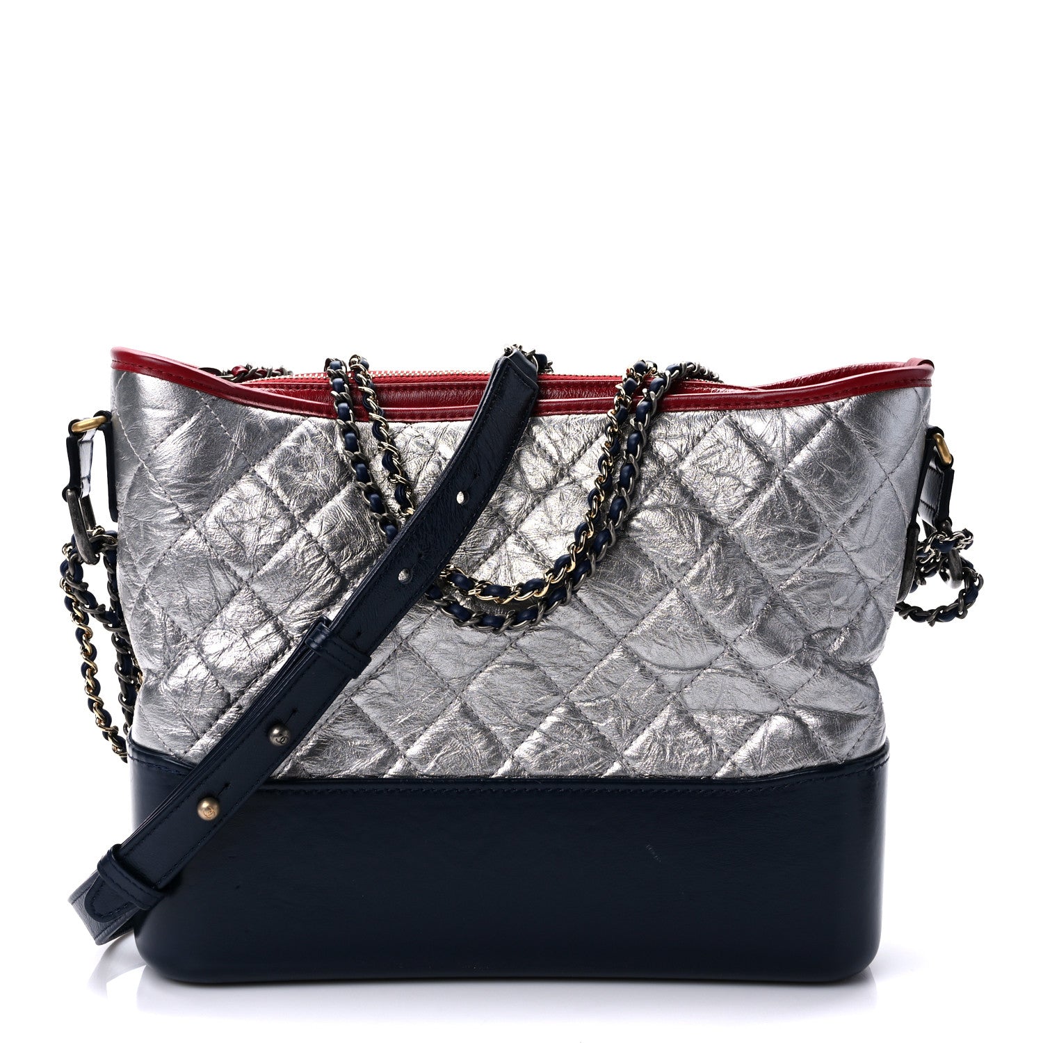 Chanel Metallic Aged Calfskin Quilted Medium Gabrielle Hobo Silver Navy Red 1 of 9