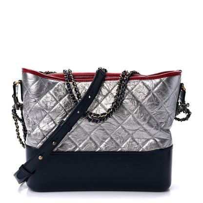 Chanel Metallic Aged Calfskin Quilted Medium Gabrielle Hobo Silver Navy Red 1 of 9