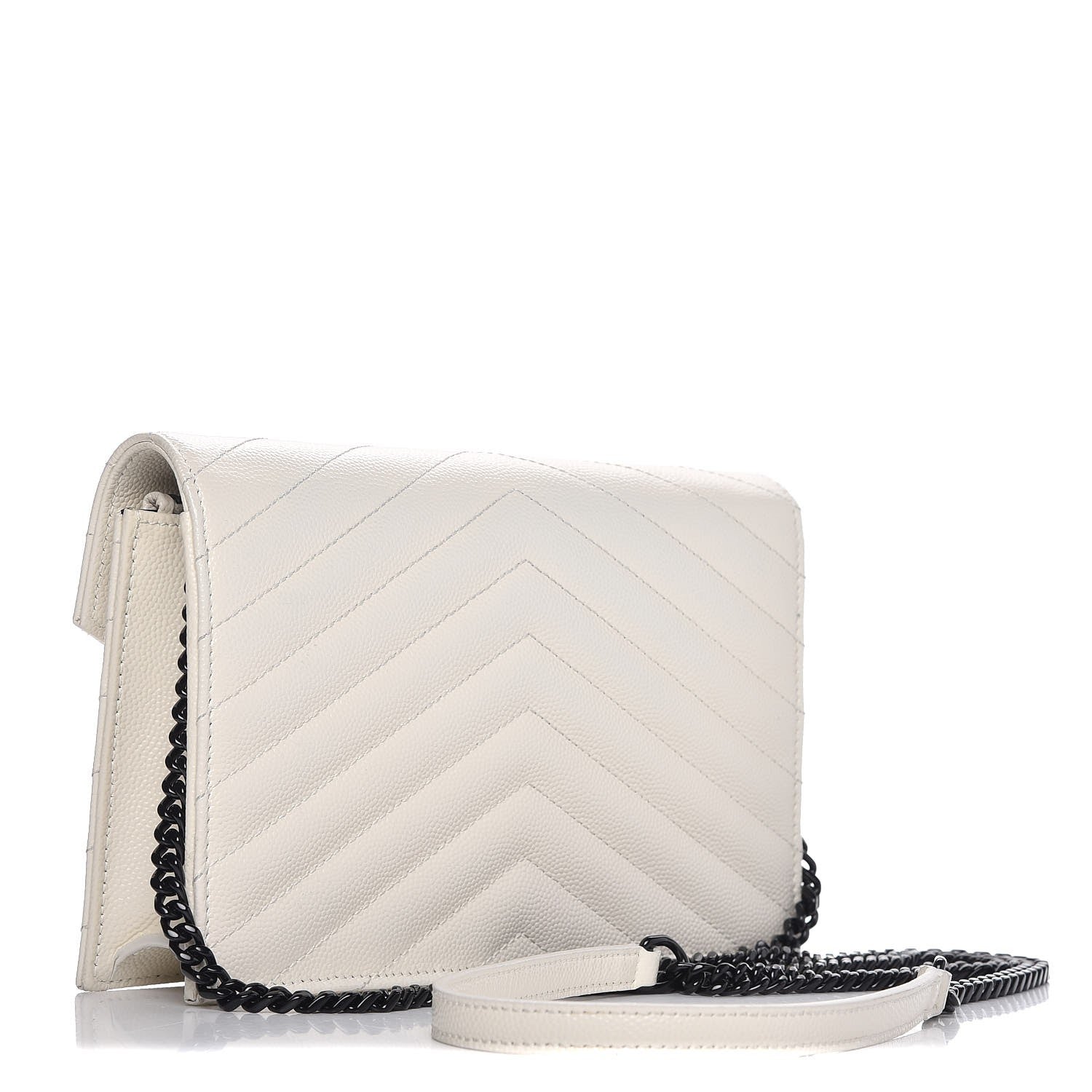 Saint Laurent Grain De Poudre Matelasse Chevron Monogram Envelope Chain Wallet Dove White 3 of 11