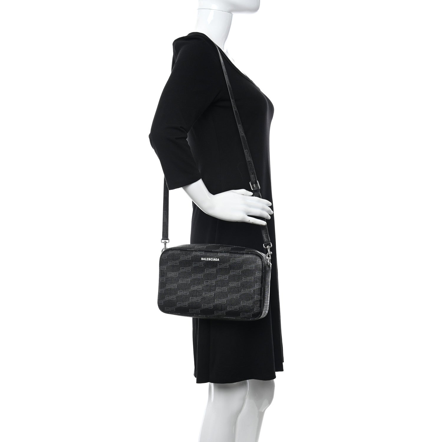 Balenciaga Coated Canvas BB Monogram Medium Signature Camera Bag Black Grey 2 of 8