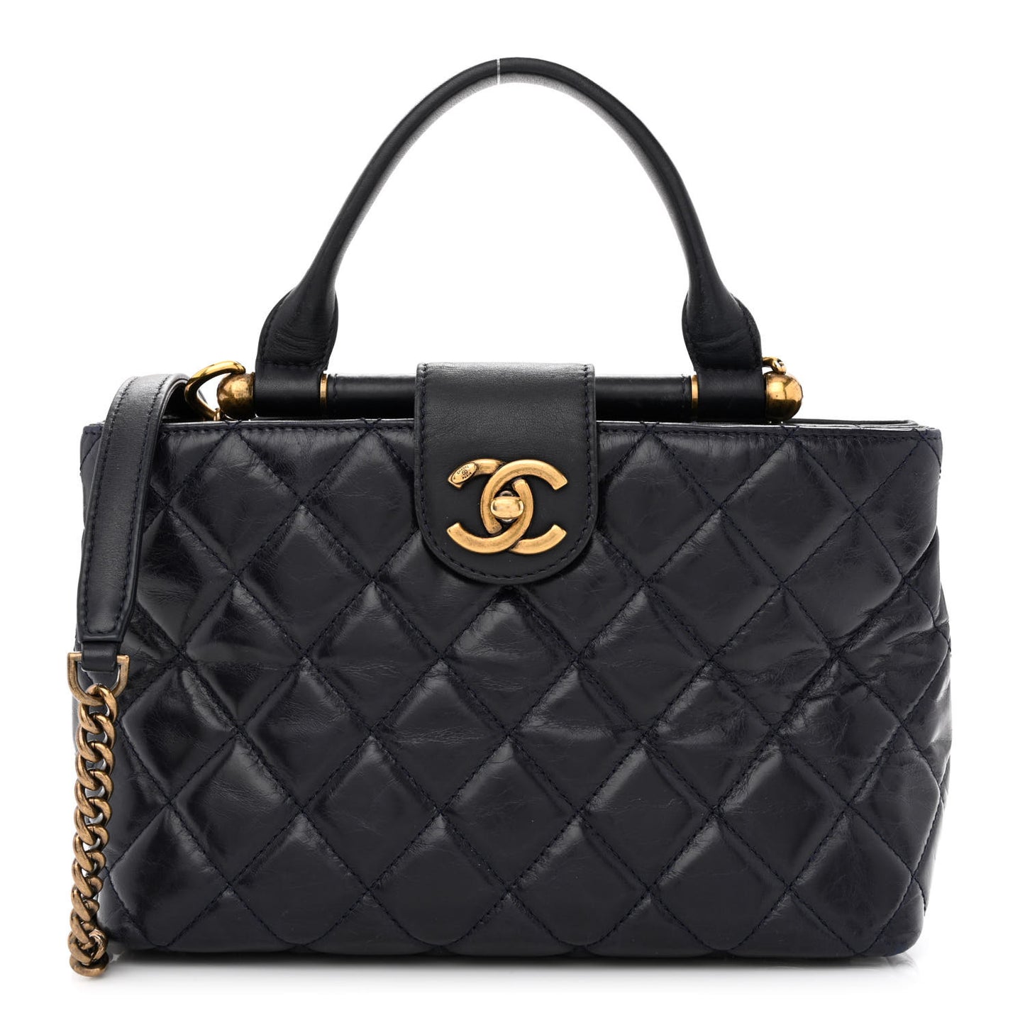 Glazed Calfskin Quilted Small Gold Bar Tote Navy Blue