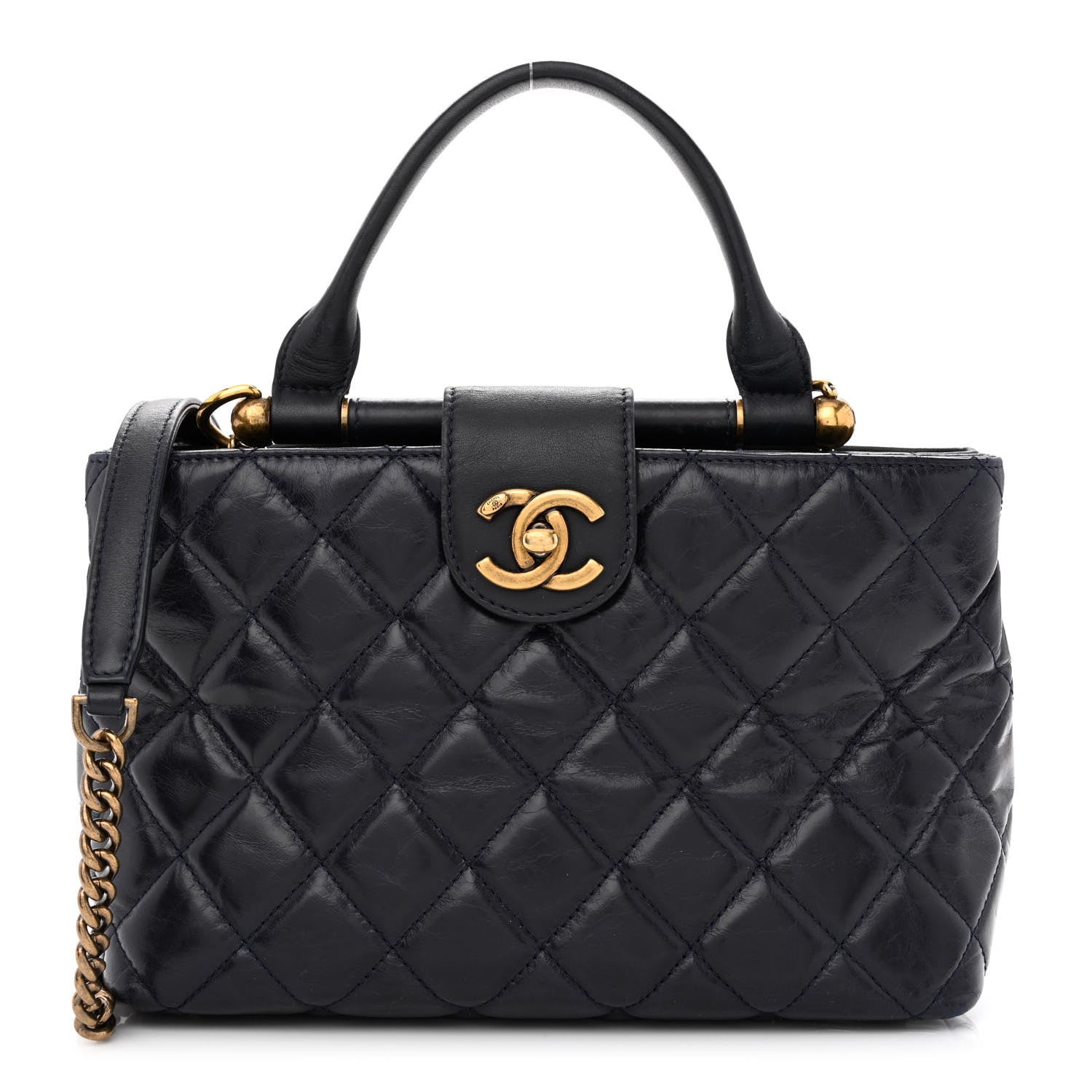 Chanel Glazed Calfskin Quilted Small Gold Bar Tote Navy Blue 1 of 14